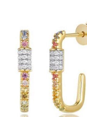 14K Yellow Gold 0.24 CT Multicolor Sapphires and 0.13 CT Diamond Hoop Earrings